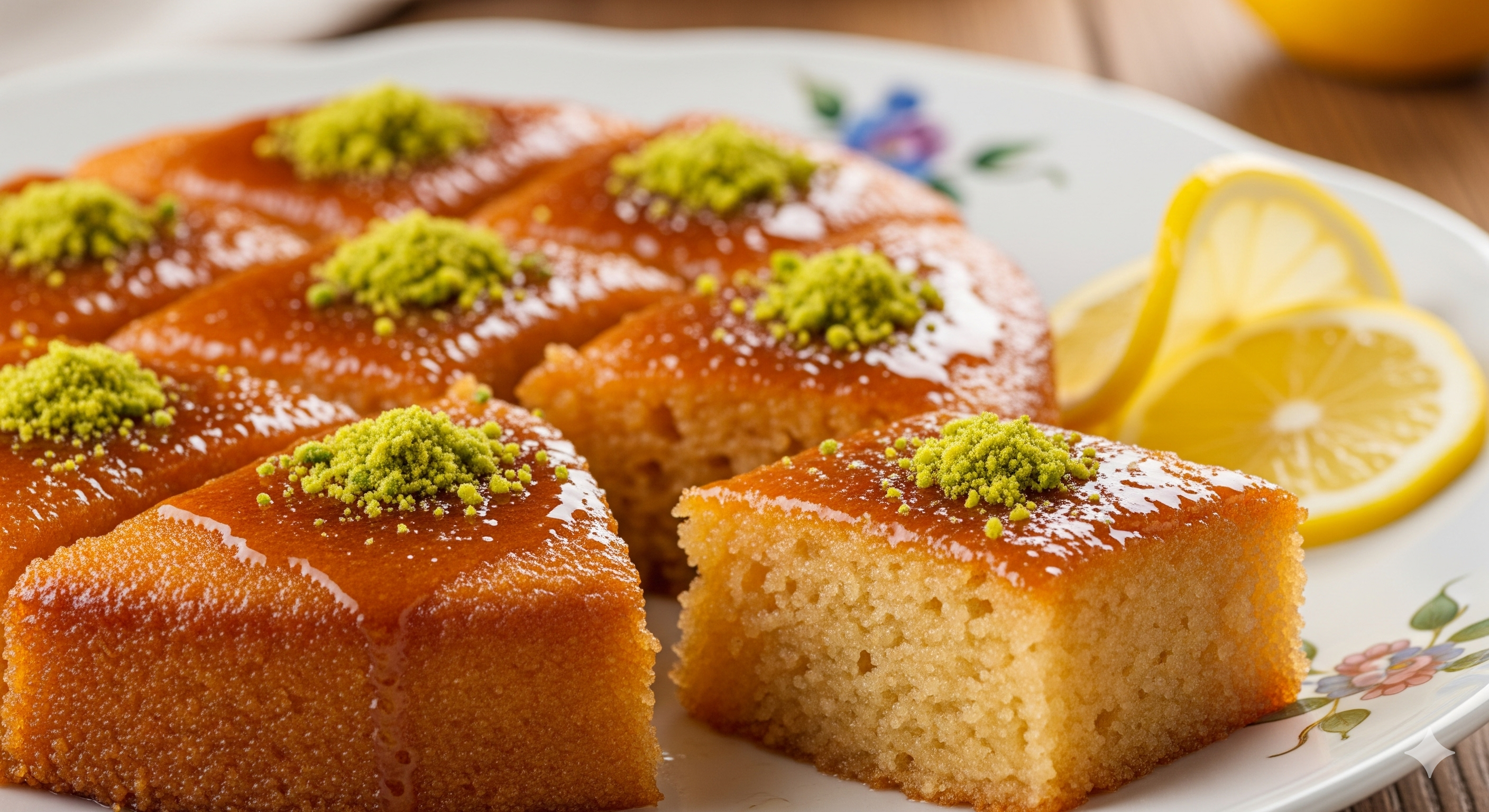 Pieces of Revani dessert with pistachios and lemon slices