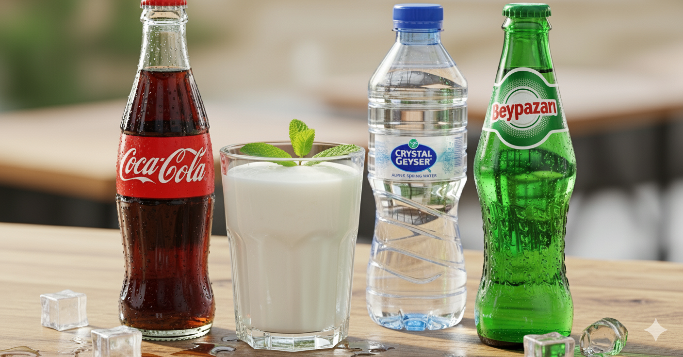 A glass of Ayran next to various bottled drinks