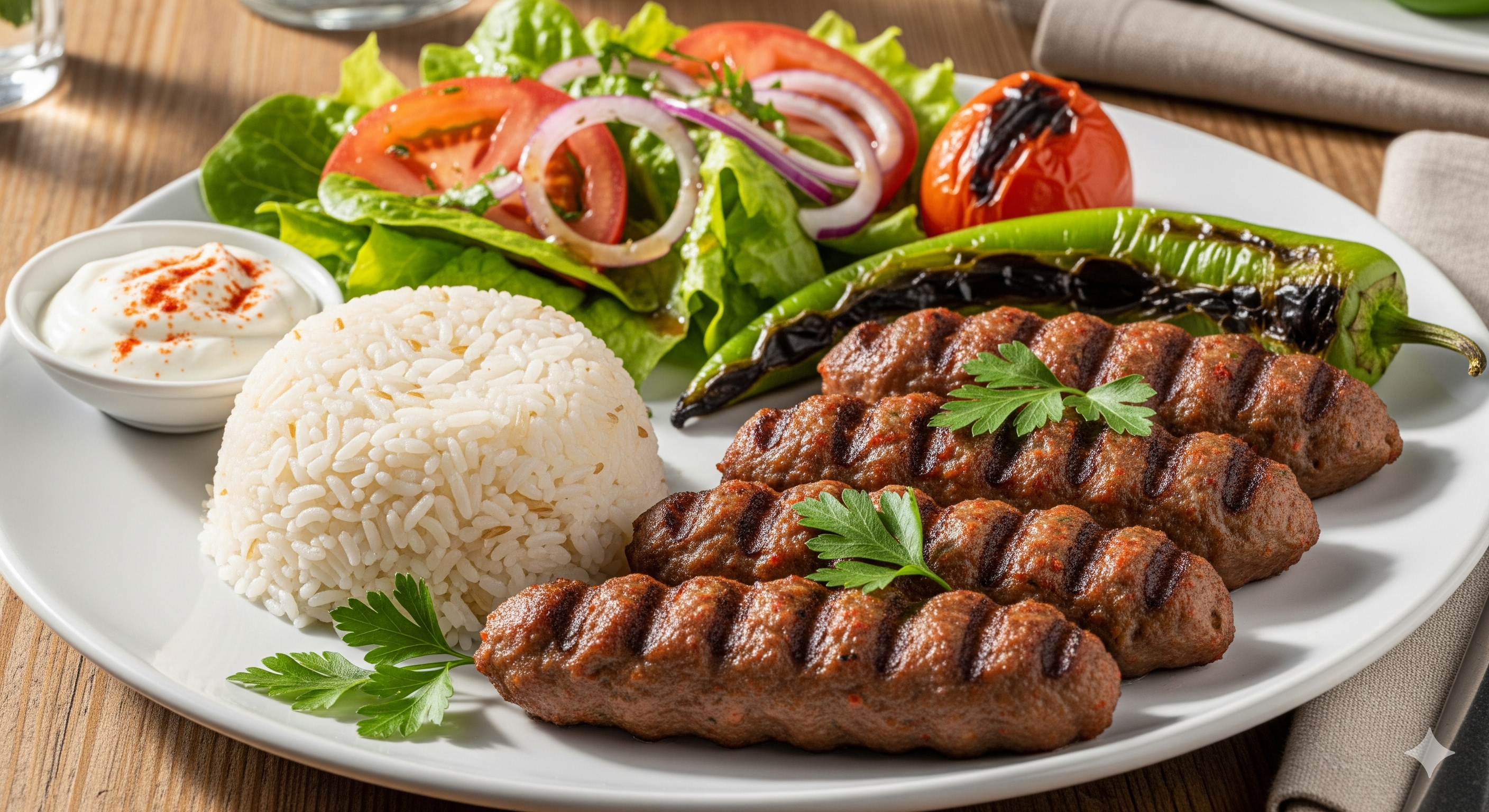Kofte Kebab Plate with rice and salad