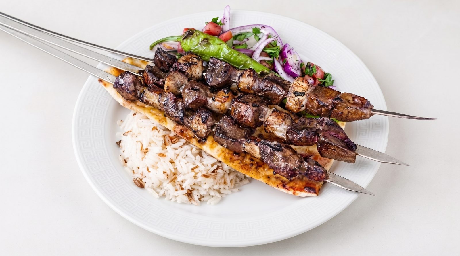 Lamb Liver Shish Plate at Anatolia Fire, halal Turkish food in Mountain View CA